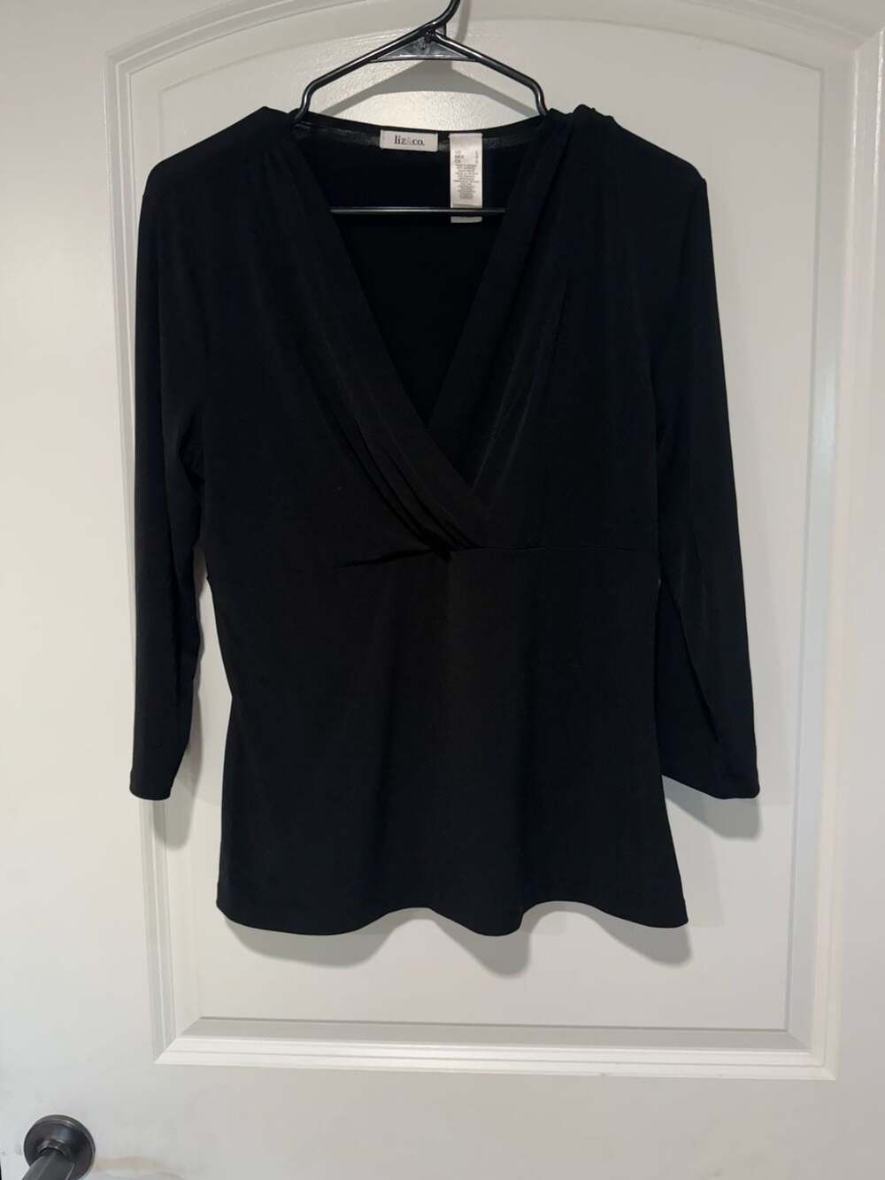 Black Surplice V Neck Empire Waist Long Sleeve Top Office Siren Size L